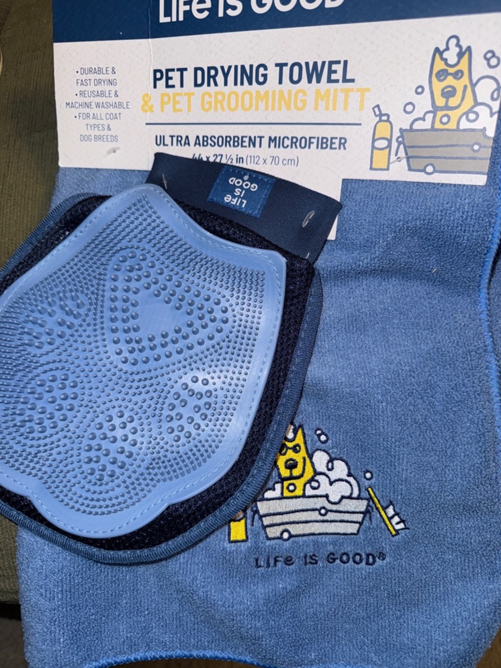 RARE Life Is Good - Pet Microfiber JAKE Drying Towel & Silicone Grooming Mitt-